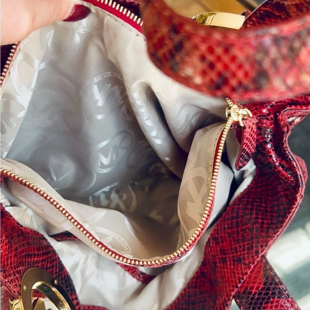 Michael Kors Red Black Snake Print Tote Shoulder Bag Gold Logo